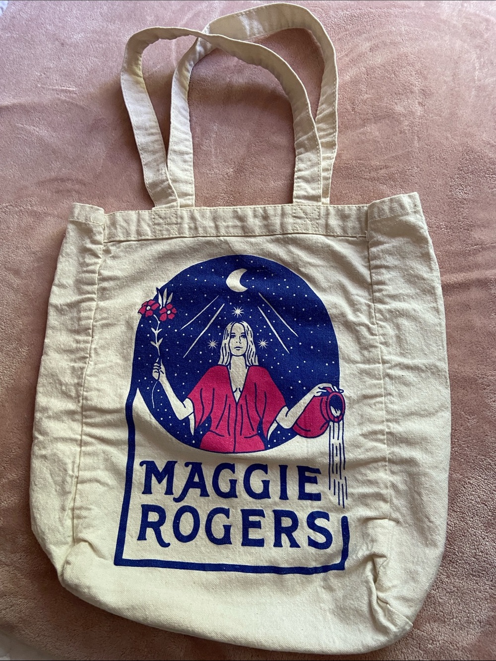 Maggie Rogers Cream Canvas Tote with Navy & Red Illustration